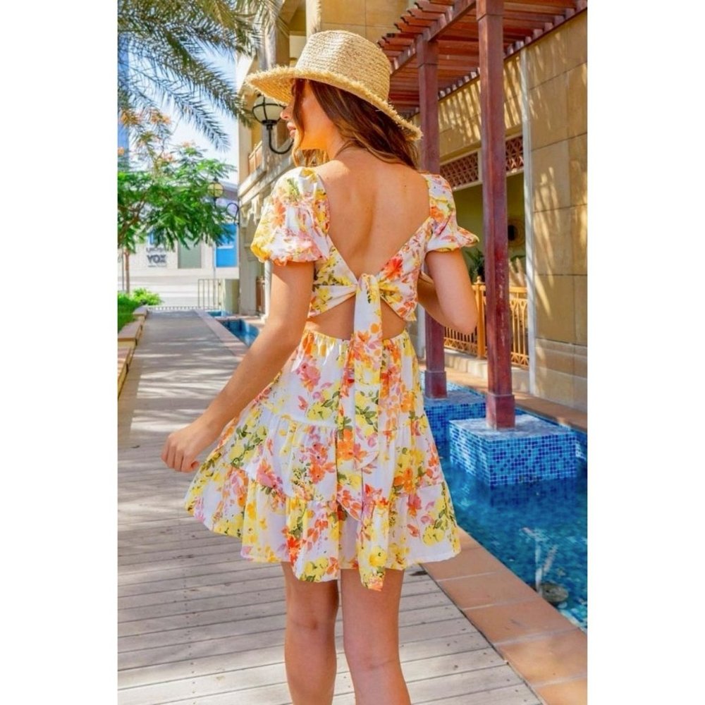 Yellow Floral Print Short Sleeve Open Back Mini Dress - Picture 6 of 10
